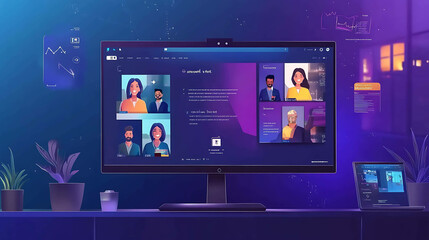 Fototapeta premium A computer screen with a website open showing video calls of different people.