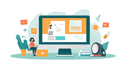 Fototapeta premium Illustration of a woman on a laptop taking an online course with a man teaching on the computer screen.