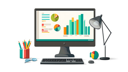 A modern desktop with a computer monitor showing colorful charts and graphs.