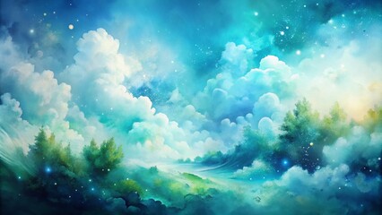 Fototapeta premium Vibrant, abstract watercolor splashes in shades of blue and green, blending with wispy white clouds, create a serene,