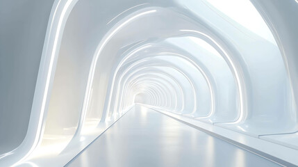Fototapeta premium Futuristic white tunnel with glowing arches and a bright light at the end.