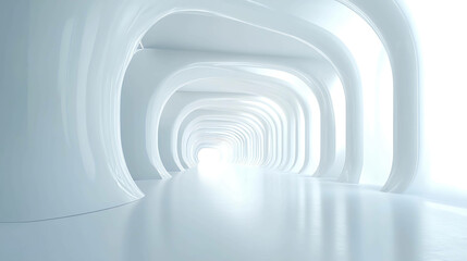 Naklejka premium A 3D render of a futuristic, white corridor with a bright light at the end.