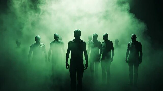 Silhouetted figures emerging from green fog, evoking themes of alien invasion and Halloween