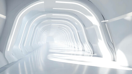 Naklejka premium White futuristic hallway with a bright light at the end.