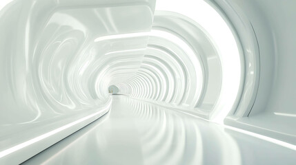 Futuristic white tunnel with bright lights.