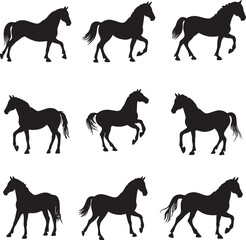 Set of horses icon. Isolated vector black silhouette of galloping, jumping running, trotting, rearing horse on a white background.