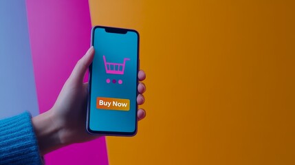 A hand holds a smartphone displaying an online shopping interface with a shopping cart icon and a "Buy Now" button against a colorful background.