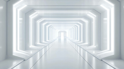 Obraz premium A futuristic white corridor with bright lights and a bright light at the end of the hallway.