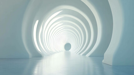 Abstract white and blue architectural tunnel with glowing light at the end.