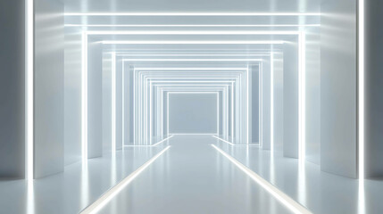 Obraz premium A futuristic white corridor with glowing lines.