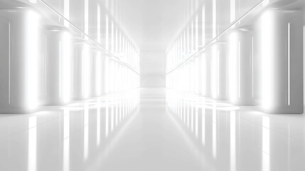 Fototapeta premium Abstract futuristic white corridor with glowing lights and reflective floor.