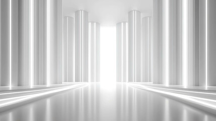 Obraz premium A long white hallway with glowing lines on the floor and pillars.