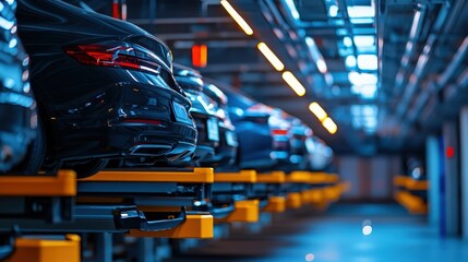A close-up of a modern parking garage showcases automatic systems arranging cars in orderly rows, emphasizing how innovative technology