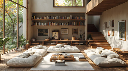 A Cozy Living Room with a Rustic Wooden Staircase
