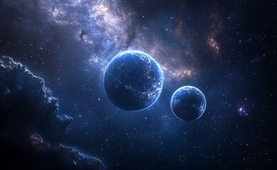 A dark, starry space scene with two bluish planets and swirling, cloudy nebulae.