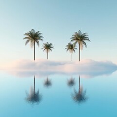Fototapeta premium Desert oasis with drifting fog, shimmering water and palm trees, 3D illustration