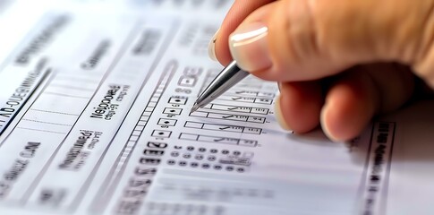 Fototapeta premium A hand holding a pen over a document with checkboxes and printed text.