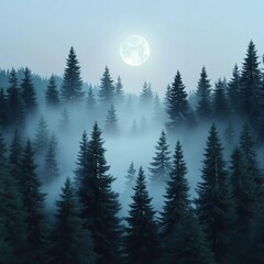Drifting fog in a pine forest, moonlight piercing through tall trees, 3D illustration