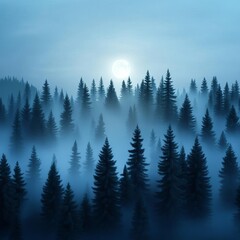 Drifting fog in a pine forest, moonlight piercing through tall trees, 3D illustration