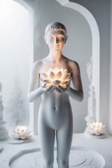 Androgynous figure holding a lit lantern in tranquil setting