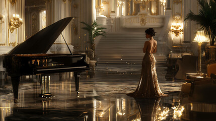 A woman in a gold gown stands in a grand ballroom with a black grand piano.