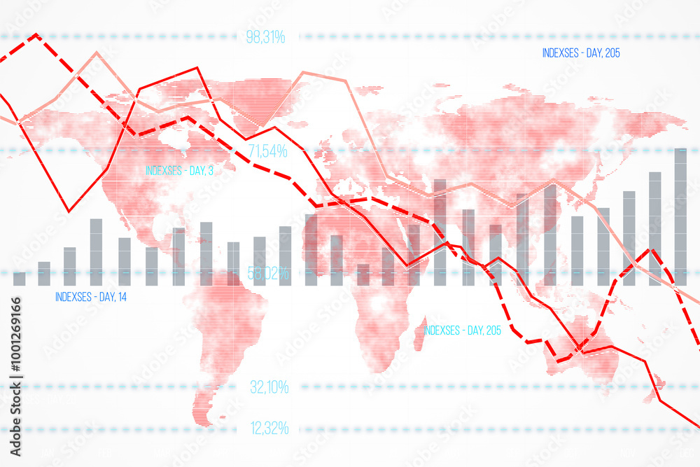 Poster Financial data chart with declining indexes on a world map background. 3D Rendering