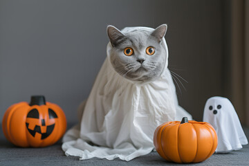Cute fluffy cat hiding under blanket next to carved Halloween pumpkin, cozy fall scene featuring a playful kitten in a Halloween setting with seasonal decorations indoors
