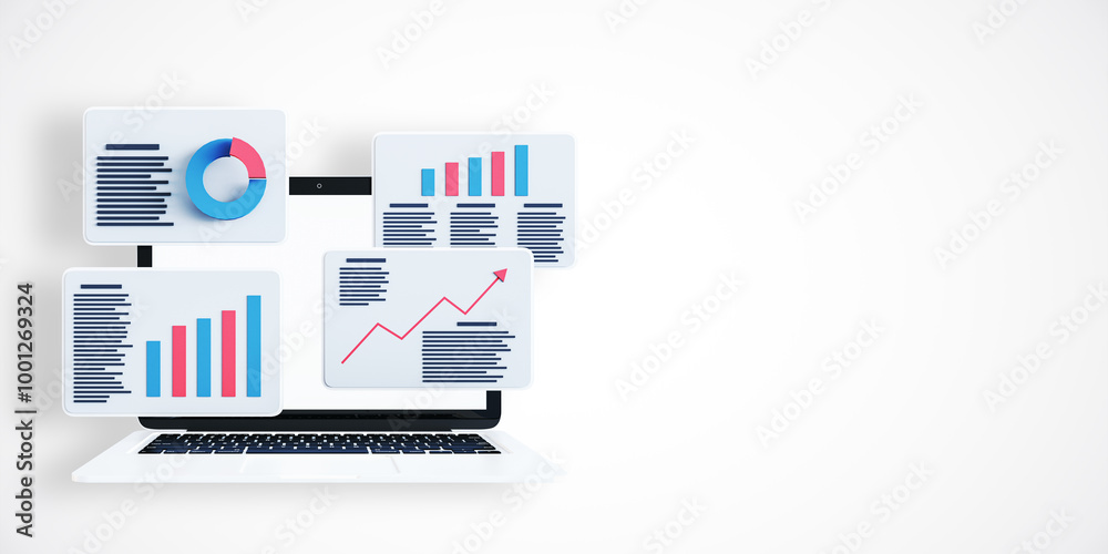 Poster 3D Render of Laptop with Floating Financial Charts. 3D Rendering