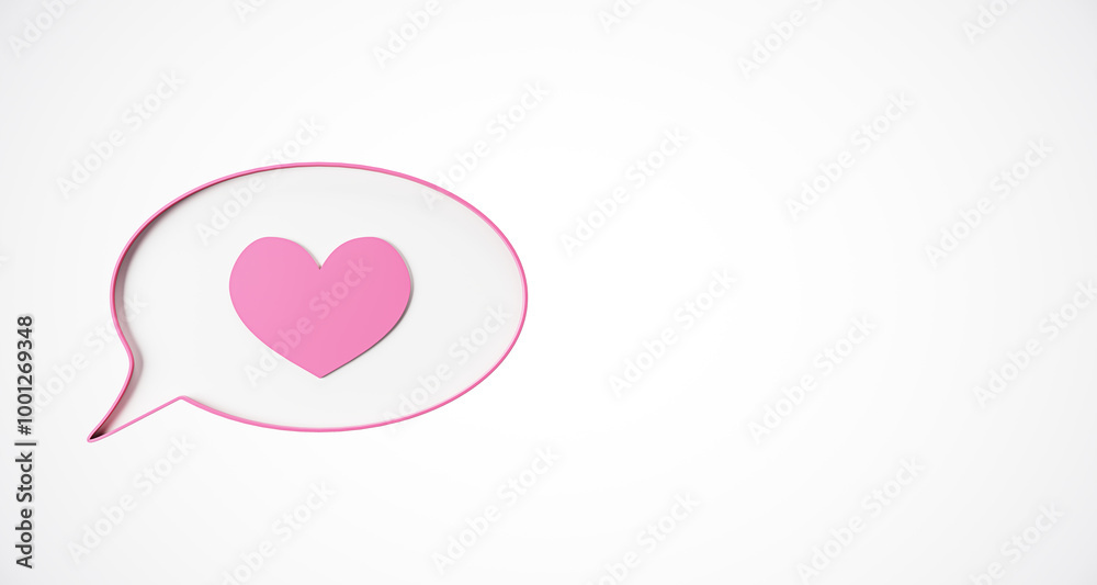 Poster pink heart inside speech bubble on white background. 3d rendering