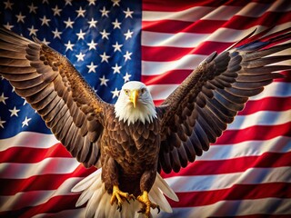 Vibrant bald eagle spreads majestic wings against a rippling American flag backdrop, symbolizing freedom, strength, and