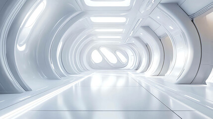 Naklejka premium Futuristic white corridor with glowing lights.