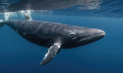 Obraz premium A humpback whale swims through the ocean waters