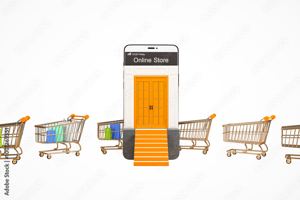 Poster smartphone with online store entrance and shopping carts. 3d rendering