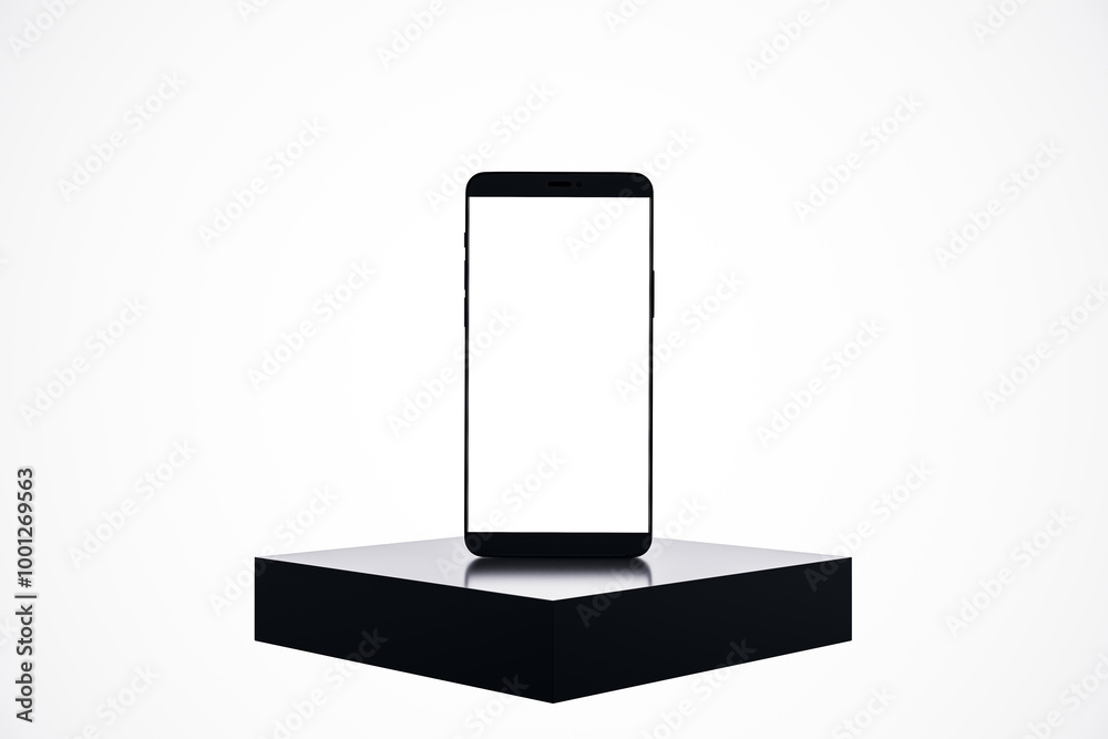 Poster black smartphone with blank screen on black podium. 3d rendering