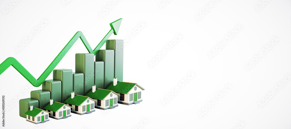 Poster 3D Rendering of Real Estate Market Growth Concept with Bar Graph and Houses. 3D Rendering