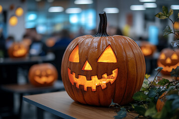 Corporate Halloween celebration in an IT office setting, featuring employees in costumes, decorations, and a festive atmosphere. 
