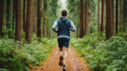 Runner Pausing on Forest Trail to Breathe Deeply