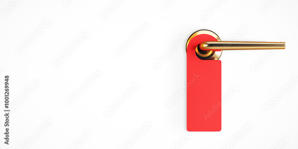 Poster red door hanger on a golden doorknob on a white background. 3d rendering