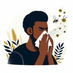 Concept of allergy to flowers. Man sneezes from plant pollen