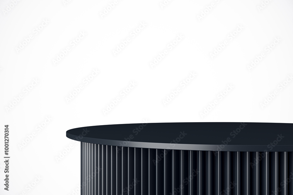 Poster Black Round Podium with Vertical Lines on White Background. 3D Rendering
