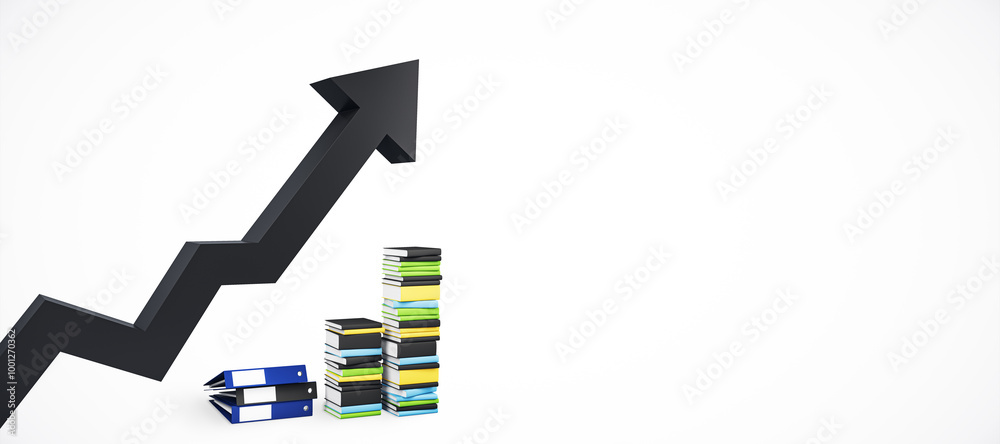 Poster Black Arrow Pointing Upwards with Stacks of Books and Binders on White Background. 3D Rendering