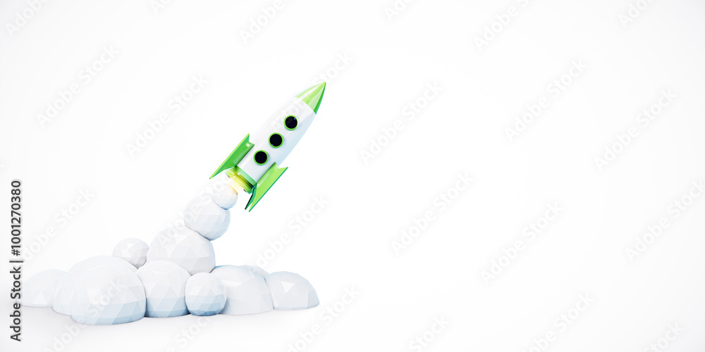 Poster green and white rocket launching with 3d polygonal clouds on white background. 3d rendering