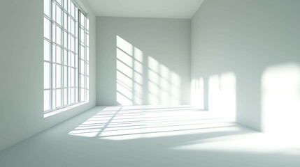 Fototapeta premium An empty white room with a large window. The sunlight streams in, casting long shadows on the floor.