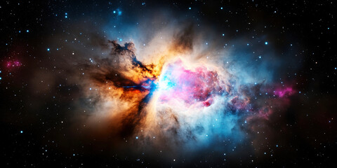 Obraz premium Cosmic Collision: A vibrant nebula bursts with color and energy, a breathtaking spectacle of celestial artistry. 