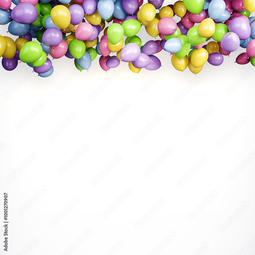 Poster colorful balloons in the upper part of a white background. 3d rendering