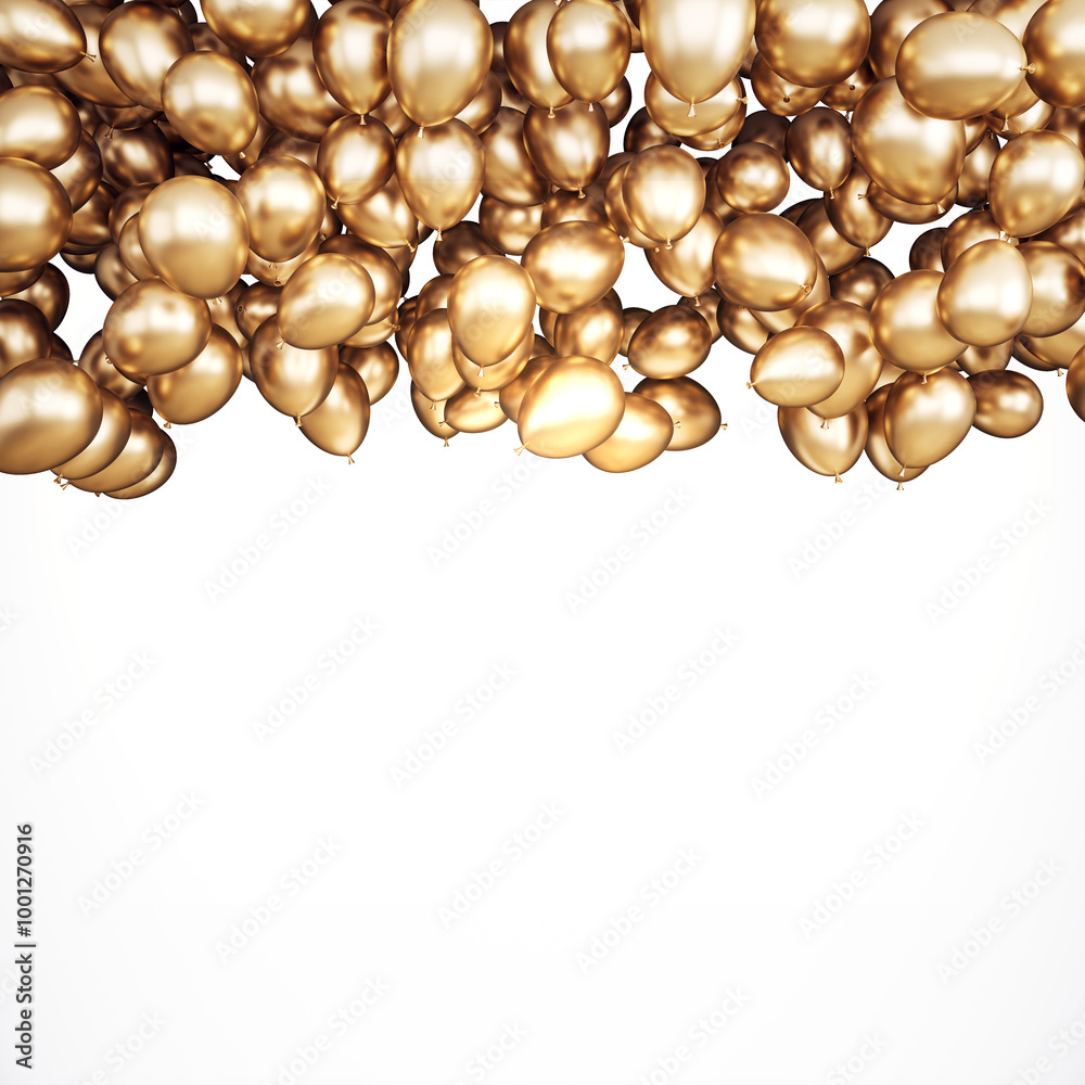 Poster golden balloons cluster on white background. 3d rendering