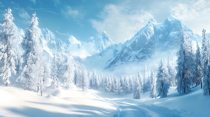 Obraz premium Snow-covered mountain range and pine forest in the winter, with a blue sky.