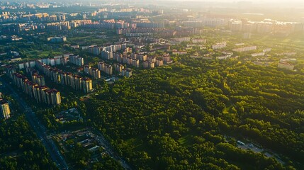 Aerial View of Residential Cityscape with Green Urban Landscape and Modern High-Rise Buildings