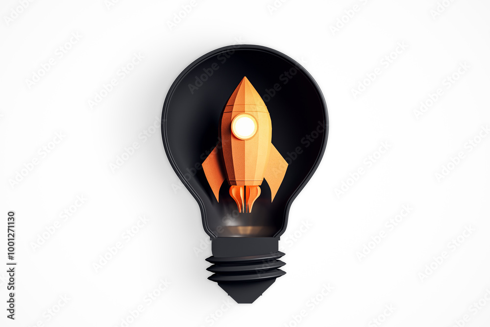 Poster Rocket inside a lightbulb symbolizing innovation and creativity. 3D Rendering