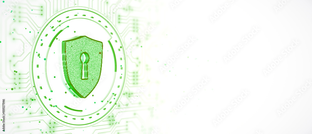 Poster Green security shield with keyhole on digital circuit background. 3D Rendering